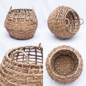 Natural Hand Woven Banana Bark <b>Storage</b> <b>Basket</b> Open Grid Knit <b>Mesh</b> Belly Pot Planter Arch Handle Pure Art Room Setup Decor Craft - Product Image 3
