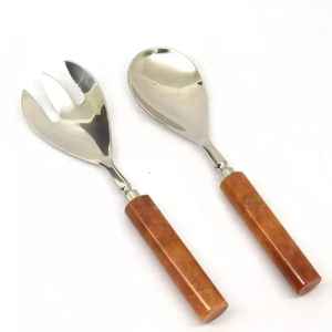 Ensemble de cuillères de service au design moderne avec manche en bois, service à salade plaqué or, ensemble de couverts en acier inoxydable, ensemble de couverts de la famille royale - Product Image 5