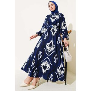 Patterned Mevlana Dress with <b>Elastic</b> Waistband Navy Blue - Product Image 4