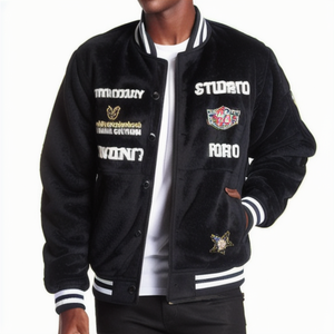 Chaqueta universitaria Letterman para hombre con bordado de chenilla ligera negra del fabricante OEM con mangas de cuero auténtico - Product Image 1