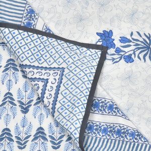 Jaipur ผ้าฝ้ายพิมพ์ลายบล็อกมือสำหรับฤดูร้อนผ้าปูเตียงแบบ malmal ขนาดเดียวกลับได้มีดีไซน์ใบไม้สีฟ้า - Product Image 4