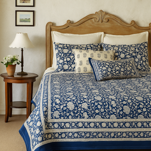 Indigo Blue Floral Motif Hand Block Printed 100% Cotton Bedsheet Set Classic Ivory Accents 3pcs for Hotels B&Bs Cooling Feature - Product Image 1