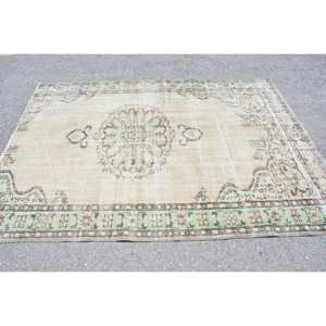 Tapis Vintage en Laine Turque de 6X8 pieds, Motif Patchwork Beige et Vert, Technique de Tissage Plat pour Décoration de Salon, Largeur de 4m - Product Image 3