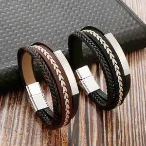 Europa und Amerika Bestseller Schwarz Braun Mikro faser Leder Hand gewebte Magnets chnalle Mehr schicht iges Leder armband für Herren