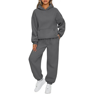 Custom Logo Unisex Slim Fit Breathable Winter <b>Fleece</b> Plus Size Casual Solid Hoodie and <b>Jogger</b> Tracksuit for <b>Women</b> - Product Image 4