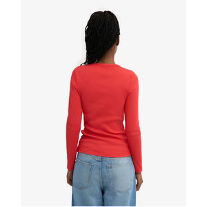 Breathable All Seasons <b>Top</b> Women <b>Red</b> Long Sleeve Shirt Crew Neck Knitted Slim Fit Casual Solid Color 100% Cotton T-Shirt - Product Image 2