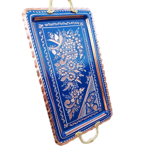 Plateau de service rectangulaire en cuivre fait main, design admirable, gravé bleu, avec poignées en laiton, décoration d'intérieur, article cadeau, excellent prix - Product Image 1