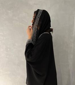 Abaya Dubaï en soie noire de haute qualité, à manches longues, anti-rides, avec de belles broderies blanches, tenue de prière musulmane traditionnelle - Product Image 2