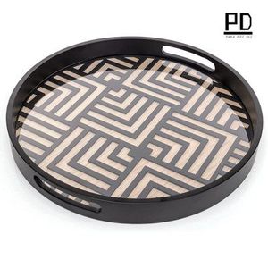Plateau en résine de haute qualité, plateau rond en MDF en bois, plateau décoratif laqué avec poignées découpées pour table basse ottomane, nourriture - Product Image 1