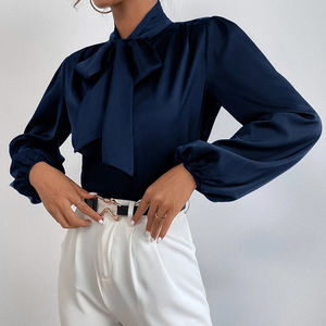 Latest Design Navy Ladies Office Blouses Fashion Clothes Women Tie Neck Blouse Satin Long Sleeves Blouse - Product Image 5
