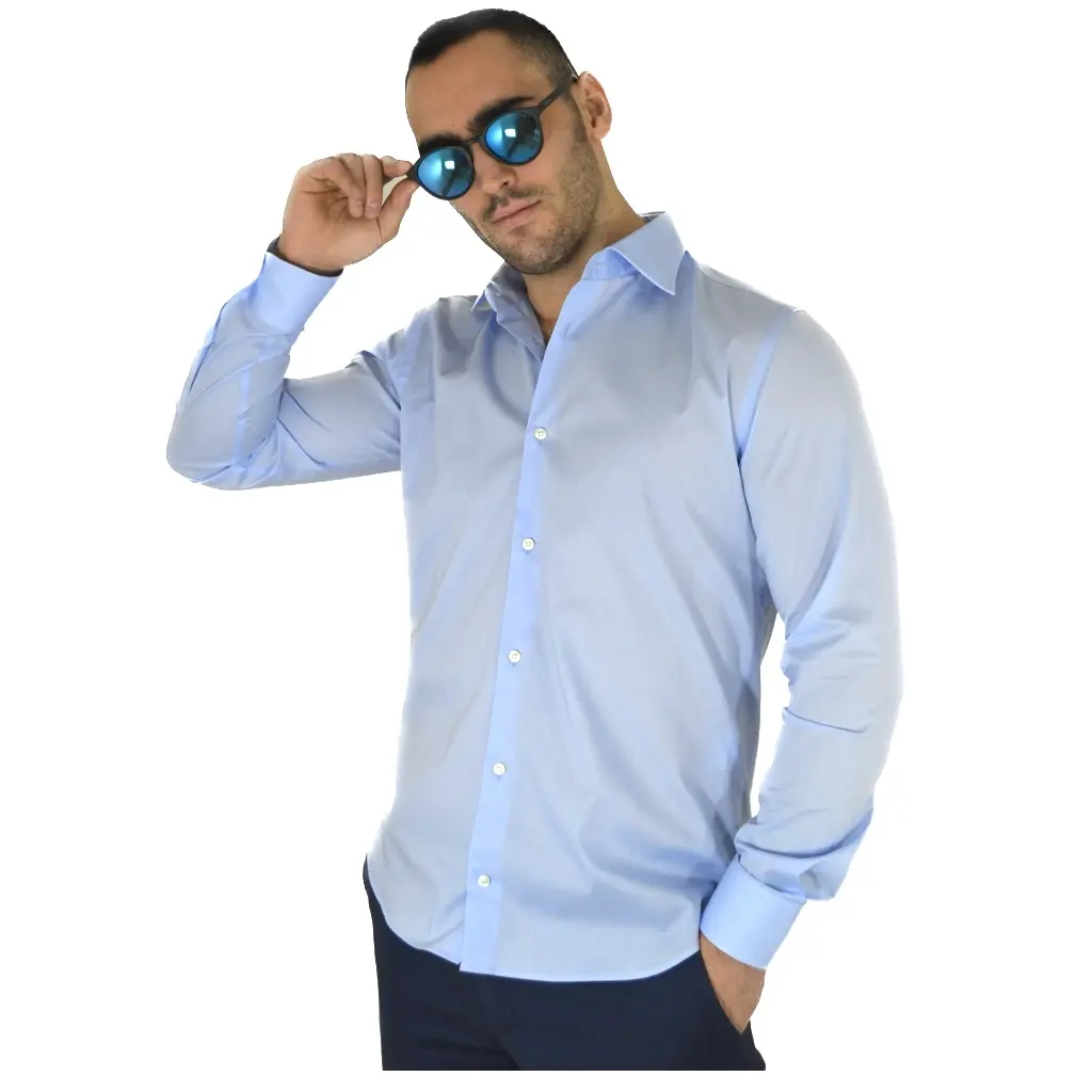 Men shirt high quality cotton STRETCH plain light blue following the Made in Italy tradition export