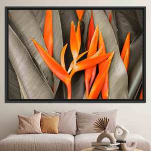 Arte en lienzo impreso con diseño de pájaro del paraíso naranja vibrante, diseño floral, lienzo con marco negro - Product Image 1