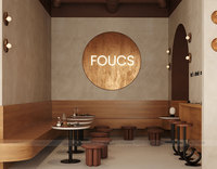 Mostrador de Recepción con Textura de Mármol para Cafetería, Estilo Industrial Moderno, con Lámpara Colgante de Globo Curvo