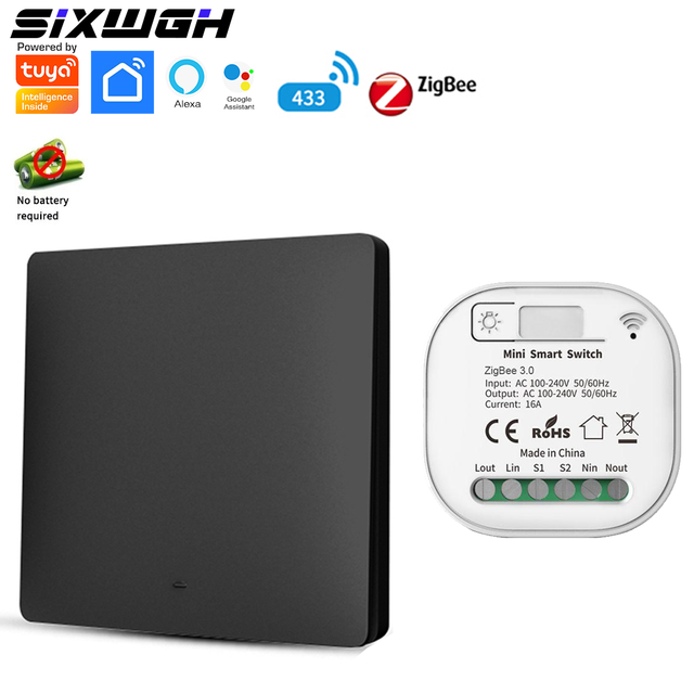 SIXWGH Black 1 Gang Kinetic Wireless Switch with Zigbee + RF433 Smart Relay Kit, Tuya Smart Life Compatible No Battery
