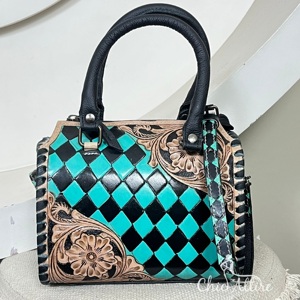 Sacs de voyage en cuir véritable personnalisés, petits et mignons, faits à la main, pour femmes, design occidental, motif à carreaux, sac bandoulière rapide - Product Image 1