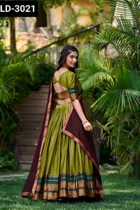 Indian Traditional Wear Poly Cotton Material Zari Weaving Work Border Lehenga with Georgette Plain With Lace Border Dupatta - Product Image 4