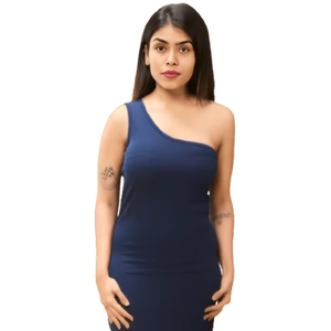 Robe moulante pour femmes à la mode une épaule style froncé fente latérale longueur du mollet mélange de spandex bleu - Product Image 1