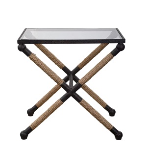 Mesa de esquina más vendida, muebles decorativos, marco de hierro rústico envuelto en sofá de cuerda Natural, mesa auxiliar con tapa de vidrio transparente - Product Image 1