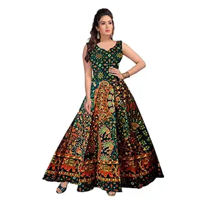 Ethnic Women's Cotton Rajasthani Jaipuri Floral Print Long Midi Dress Pack of 2 Pieces Plus Size Women Winter Collection