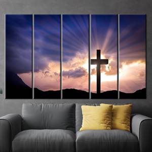 Lienzo con impresión artística de la resurrección de Jesucristo y la cruz cristiana - Decoración elegante, 5P: Enmarcado tipo galería - Product Image 1