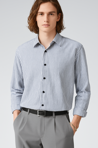 Camisa de Hombre de Manga Larga a Rayas con Botones |   Camisa Casual de Algodón de Corte Holgado |   Fabricante OEM/ODM - Product Image 5