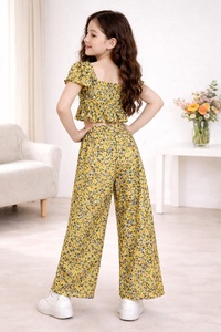 Women's Loose Sheer Floral Print Two Piece Jumpsuit <b>Set</b> <b>Square</b> Neck Ruffle Crop Top Wide Leg Pants Summer Casual Wear - Product Image 2