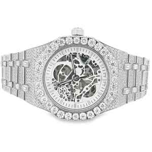 Reloj de Lujo de Edición Limitada con Movimiento Automático, Diamantes Moissanite, Totalmente Blanco, Acero Inoxidable, Correa de Cuero, Esqueleto Analógico - Product Image 1