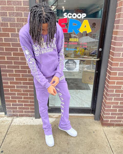 Trajes de chándal de dos piezas 100% algodón Regular Fit invierno hombres Streetwear chándal apilado con capucha estampado sólido - Product Image 2