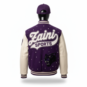 Veste universitaire en laine de haute qualité avec manches en cuir PU Logo de broderie en chenille personnalisé Veste universitaire de couleur violette pour hommes - Product Image 2