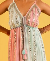 Glamours Chic Dazzling Mirror Work Bohemian Inspired Women Bling Party Maxi Dress Avec Smocked Back & Multi Tiered Playful Vibe