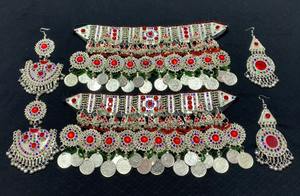 Afghan Royal Blue Tribal Jewelry Set With Square And Oval Stones Handmade Ethnic Kuchi Choker With Engraved Dangling <b>Coins</b> - Product Image 3