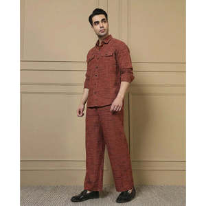 Amanush <b>Men's</b> Cotton Tan Textured Kurta With Pant Co-ord Set Woven Mandarin Collar Full Sleeve Casual Summer Daily Wear - Product Image 3