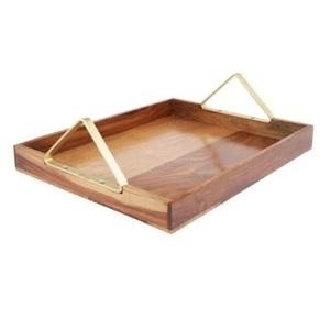 Metal <b>Handle</b> Wooden Food Serving Tray With Natural Finishing Rectangular Shape And Stainless Steel <b>Handle</b> Eco Friendly Hot Sell - Product Image 1