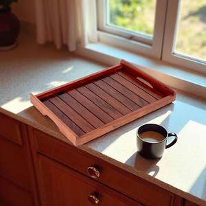 Plateau de service en bois, plateau en bois rond/rectangulaire avec poignées, plateau décoratif naturel pour pouf, cuisine/table basse - Product Image 6