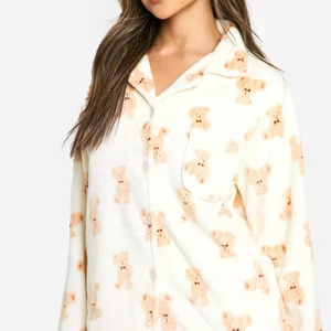 Breathable Bear <b>Pyjamas</b> Top and Bottom Set For Women's Room Wear <b>Fleece</b> <b>Teddy</b> Bear Printed Cute <b>Pyjama</b> Set Button 2 Piece Sets - Product Image 5