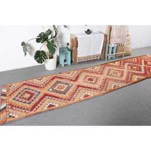 2.8x12 ft Rug, <b>Runner</b> Turkish Rug, <b>Red</b> Kilim Abstract Rug - Product Image 4