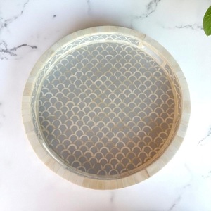 Plateau de service en incrustation d'os de qualité supérieure plateau rond Option de cadeau moderne Occasions spéciales Design géométrique décor de pièce maîtresse parfait - Product Image 5