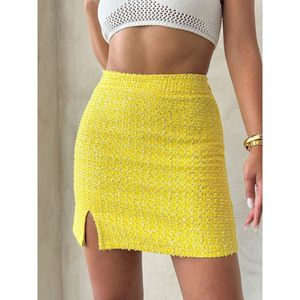 Jupe en jean jaune à sequins TOPSHOW pour femme, 100 % coton, style décontracté, mini-jupe trapèze pour la mode estivale - Product Image 4