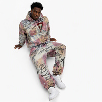 Setelan Olahraga Rajut Terry Kustom OEM 100% Katun Bernapas, Gaya Jalanan Musim Gugur, Distressed, Cetak DTG Graffiti, Celana Panjang