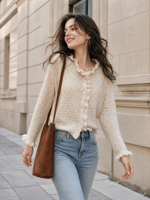 Nouveau Cardigan Tricoté Élégant et Tendance pour Femme 2026 – Col Montant Volanté, Dentelle Ajouree, Coupe Slim