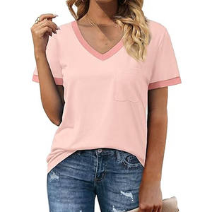 Camiseta informal con cuello en V para mujer, camisetas de algodón suave de corte holgado de manga corta de verano, bolsillo para uso diario, talla XXS, tela de punto sólida - Product Image 2
