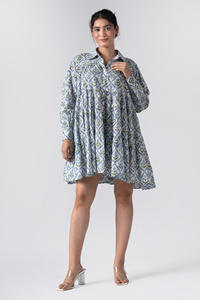 Tendance nouveau produit robe d'été pour femmes en acier léger bleu bloc à la main imprimé coton confortable robes de vêtements plissés - Product Image 4