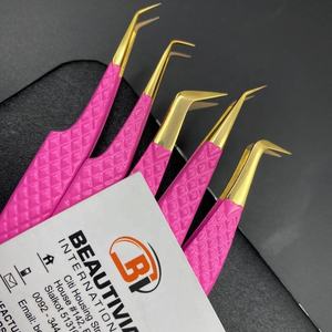 Pinzas de pestañas con punta de fibra de oro rosa, pinzas de extensión de pestañas de agarre fuerte probadas a mano de acero sostenible de etiqueta privada - Product Image 3