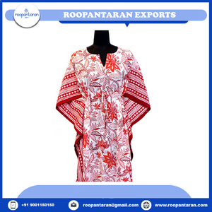 Stylish Marocain <b>Kaftan</b> <b>Long</b> Size Hand Block Printed Voile Cotton Short Sleeves Nightwear for Sale at Inexpensive Price - Product Image 2