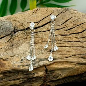925 Sterling Silver Handmade Stud <b>Earring</b> Cubic Zirconia Faceted Gemstone Long <b>Drop</b> Light Weight Anniversary <b>Fashion</b> <b>Earrings</b> - Product Image 1