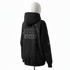 Women Oversize Hoodie Premium Cotton Polyester <b>Fleece</b> 320 GSM <b>Black</b> Rhinestone Hotfix Custom Logo basics Hoodie - Product Image 5