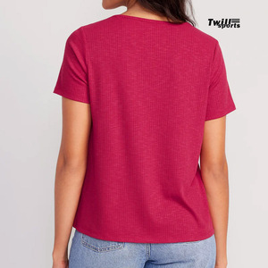 T-shirts décontractés d'été pour femmes en gros, col en V, 100 % coton toile, séchage rapide, respirants, 220g, avec broderie, vierges - Product Image 3