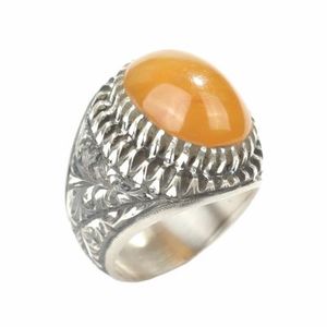 <b>925</b> Sterling <b>Silver</b> Men's <b>Ring</b> Pressed Oval Amber with Bezel Setting Pen-Shaped Design for Everyday Wear - Product Image 1