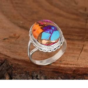 Pink Oyster Turquoise Oval Handmade <b>Ring</b> 925 Sterling Silver Boho <b>Statement</b> Jewelry Gift for Women - Product Image 1