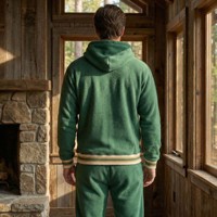 Ensemble de survêtement vintage en molleton épais écologique imprimé vert forêt, délavé à l'acide, avec patch lettre en chenille pour homme